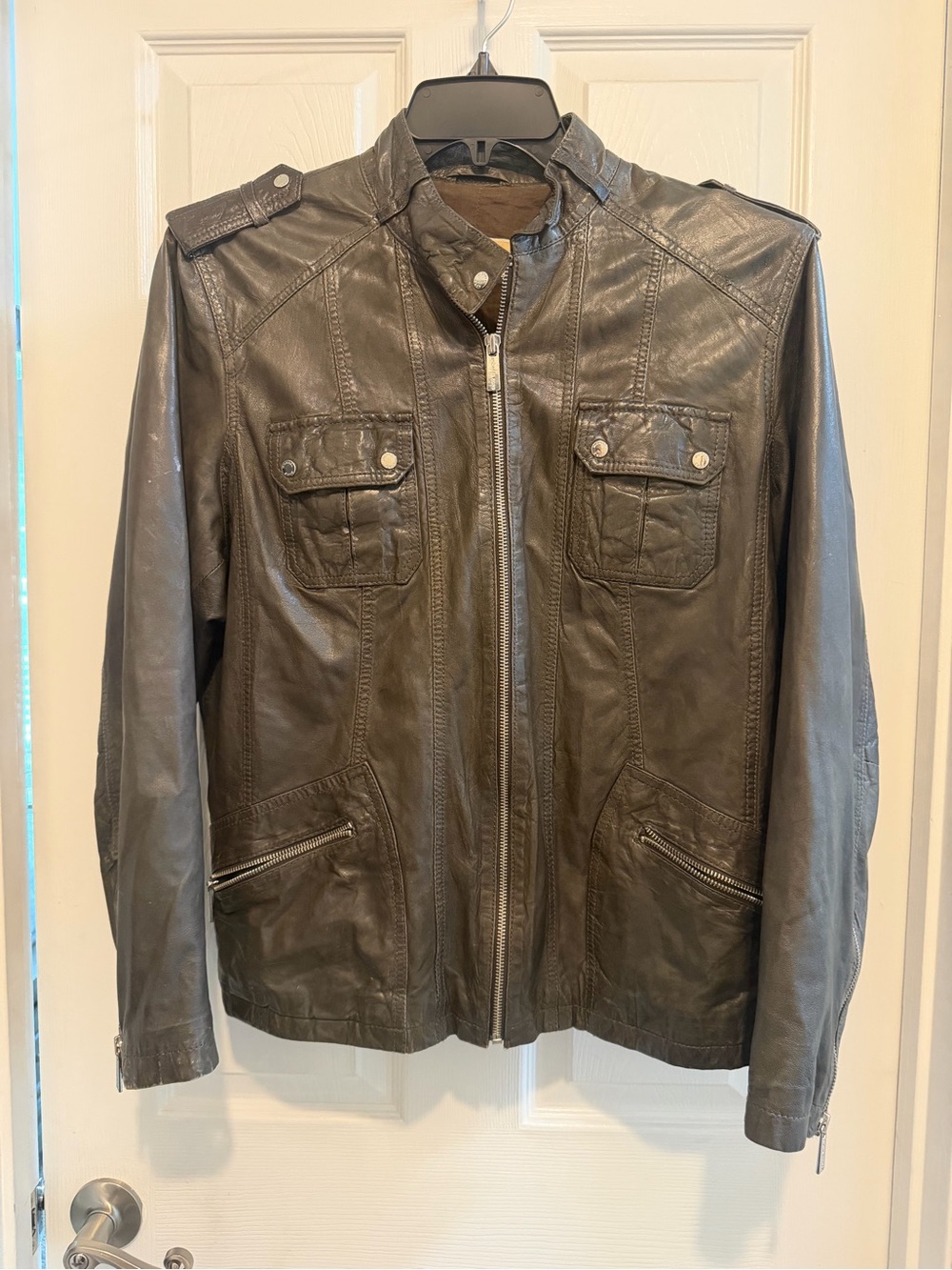 Michael Kors Women’s Green Leather Zip-Front Jacket